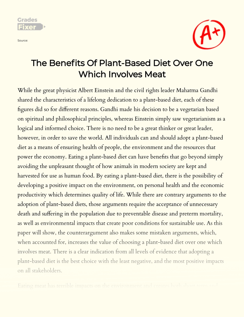 The Benefits of Plant-based Diet Over One Which Involves Meat Essay