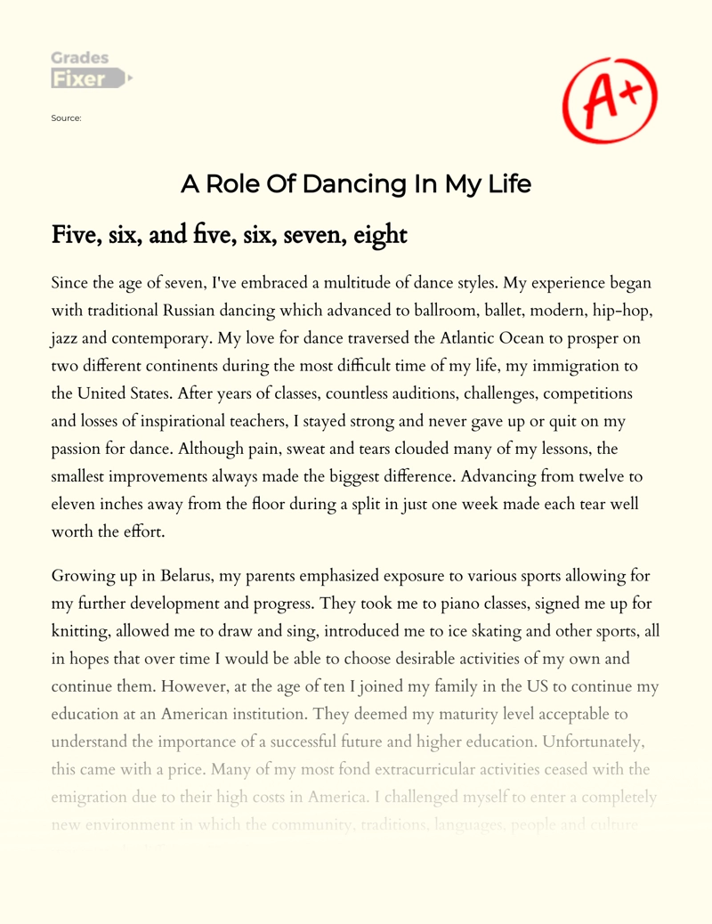 A Role of Dancing in My Life Essay