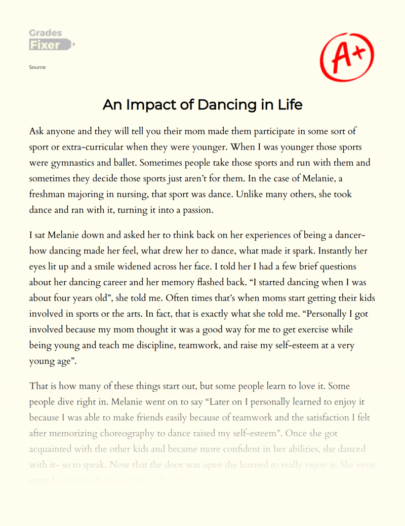 An Impact of Dancing in Life Essay