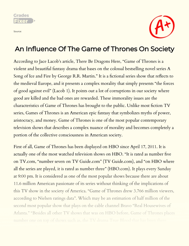 An Influence of The "Game of Thrones" on Society essay