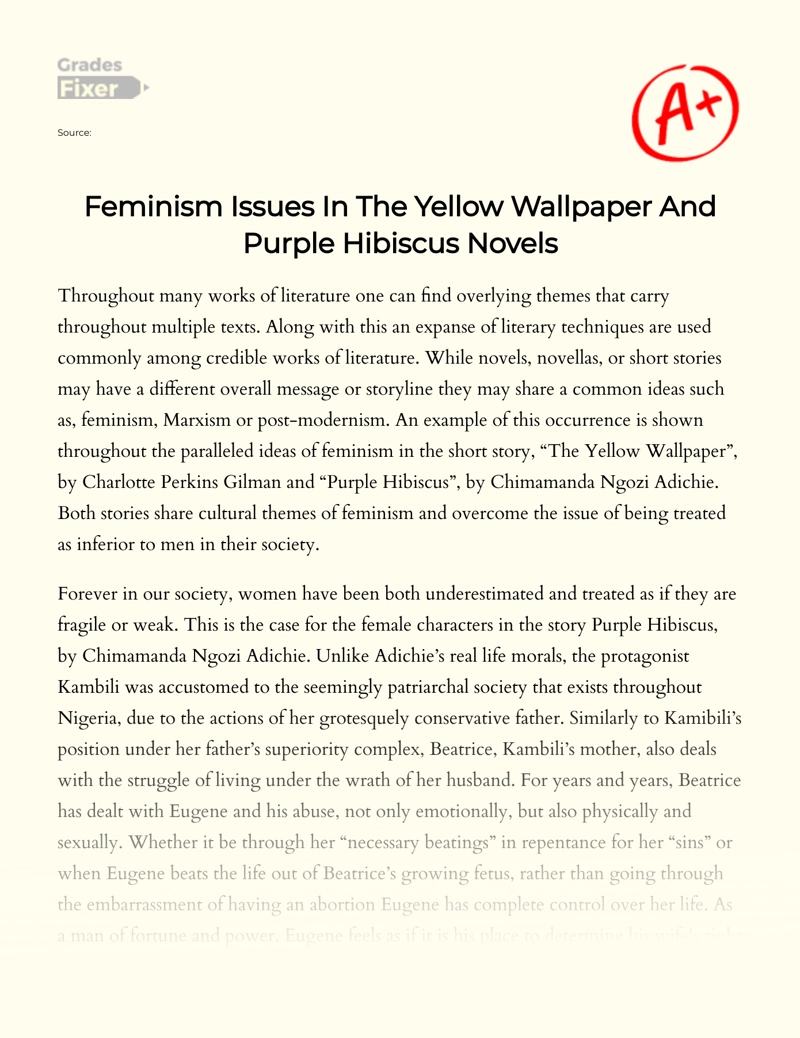 Feminism Issues in The Yellow Wallpaper and Purple Hibiscus Novels essay