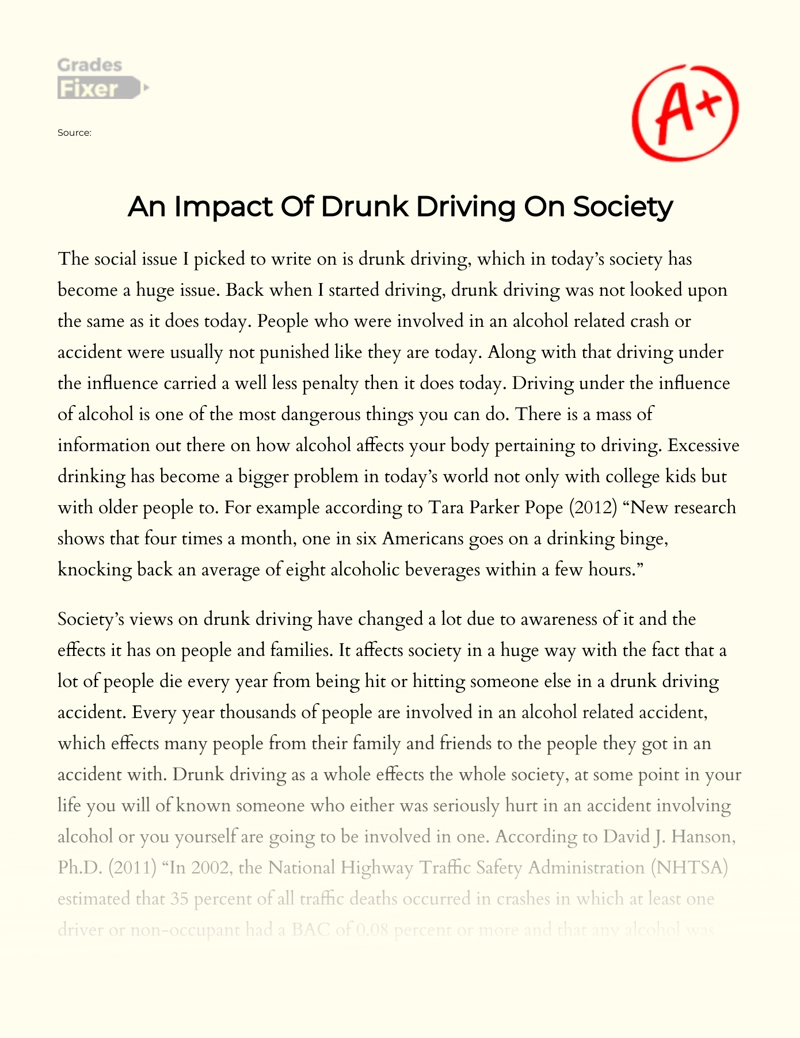 An Impact of Drunk Driving on Society Essay