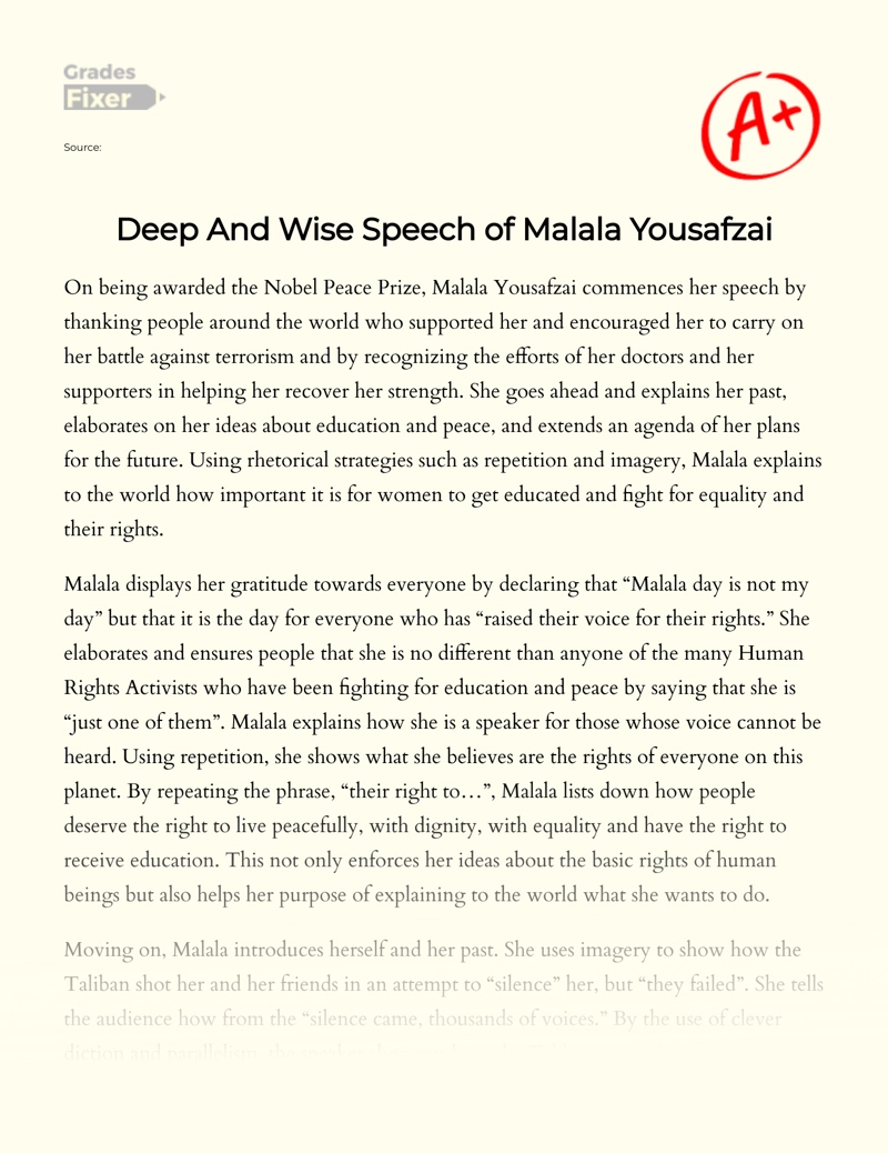 Deep and Wise Speech of Malala Yousafzai Essay