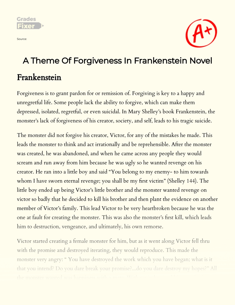 A Theme of Forgiveness in Frankenstein Novel Essay