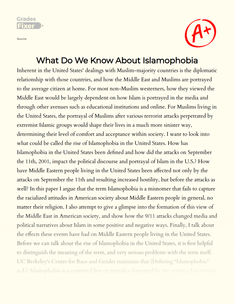Analysis of Islamophobia as a Political Agenda in The United States Essay