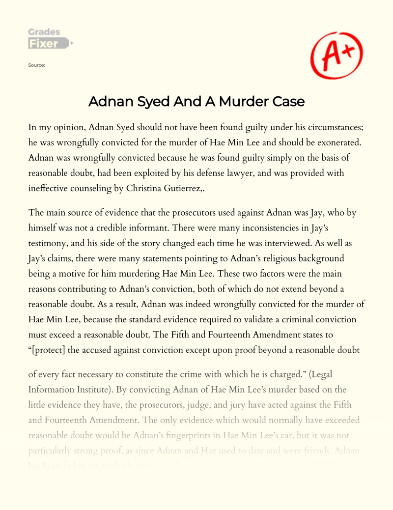 Adnan Syed and a Murder Case  essay