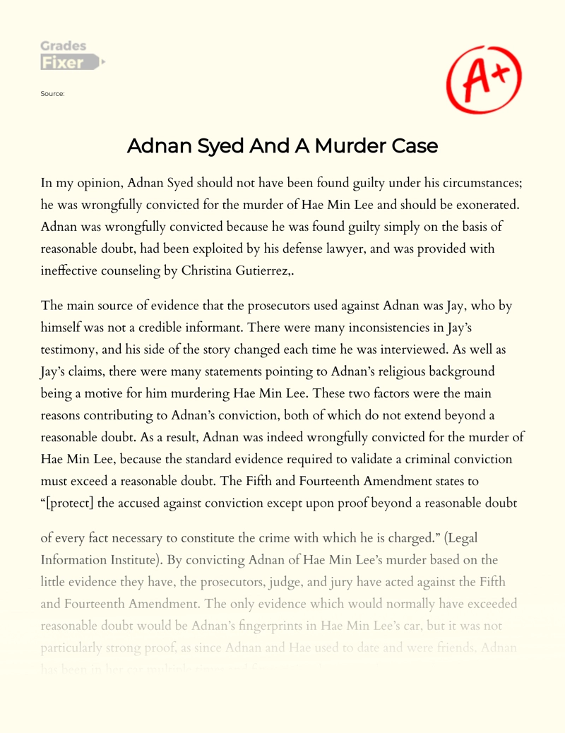 Adnan Syed and a Murder Case  Essay