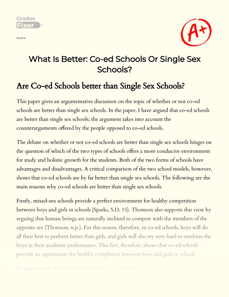 Comparison of Co-ed Schools and Single Sex Schools essay