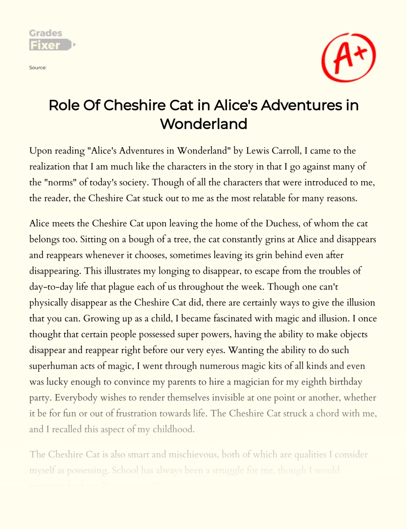 Role of Cheshire Cat in "Alice's Adventures in Wonderland" Essay