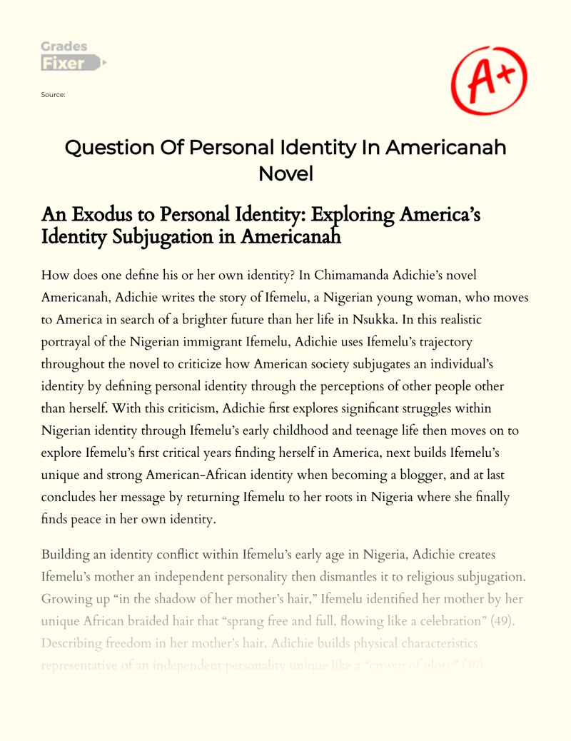 An Exodus to Personal Identity: Exploring America’s Identity Subjugation in "Americanah" essay