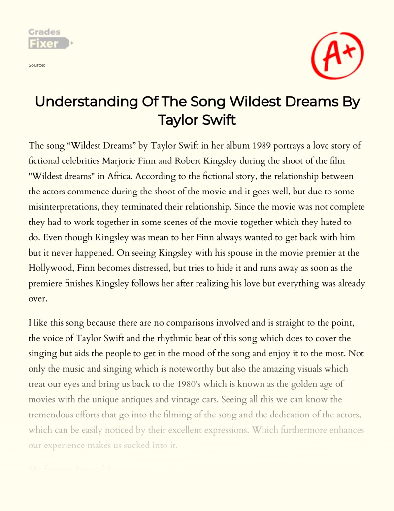 Understanding of The Song Wildest Dreams by Taylor Swift essay
