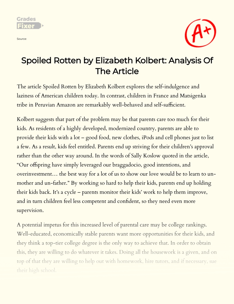 Spoiled Rotten by Elizabeth Kolbert: Analysis of The Article Essay