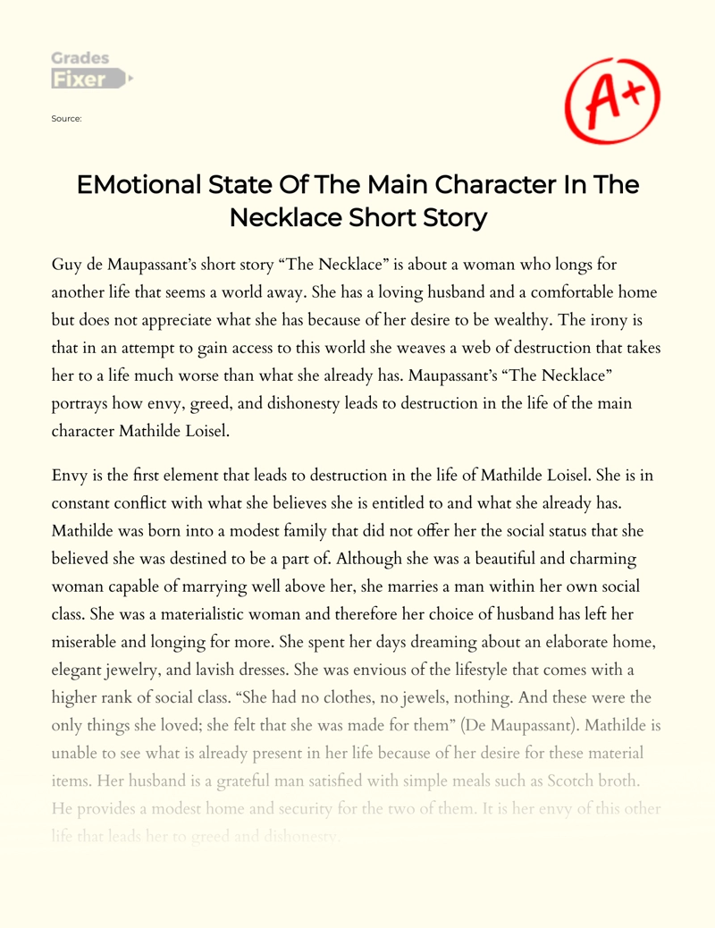 Emotional State of The Main Character in The Necklace Short Story Essay