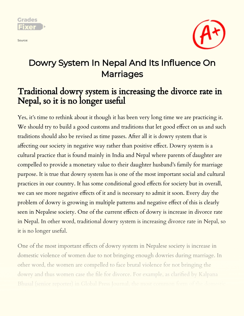 Dowry System in Nepal and Its Influence on Marriages Essay