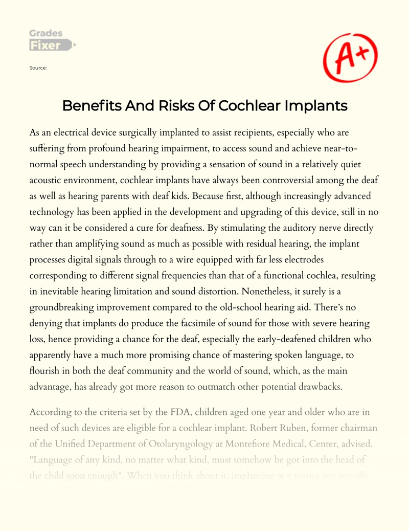 Benefits and Risks of Cochlear Implants Essay