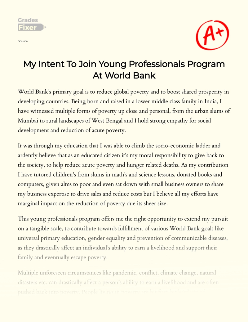 My Intent to Join Young Professionals Program at World Bank essay