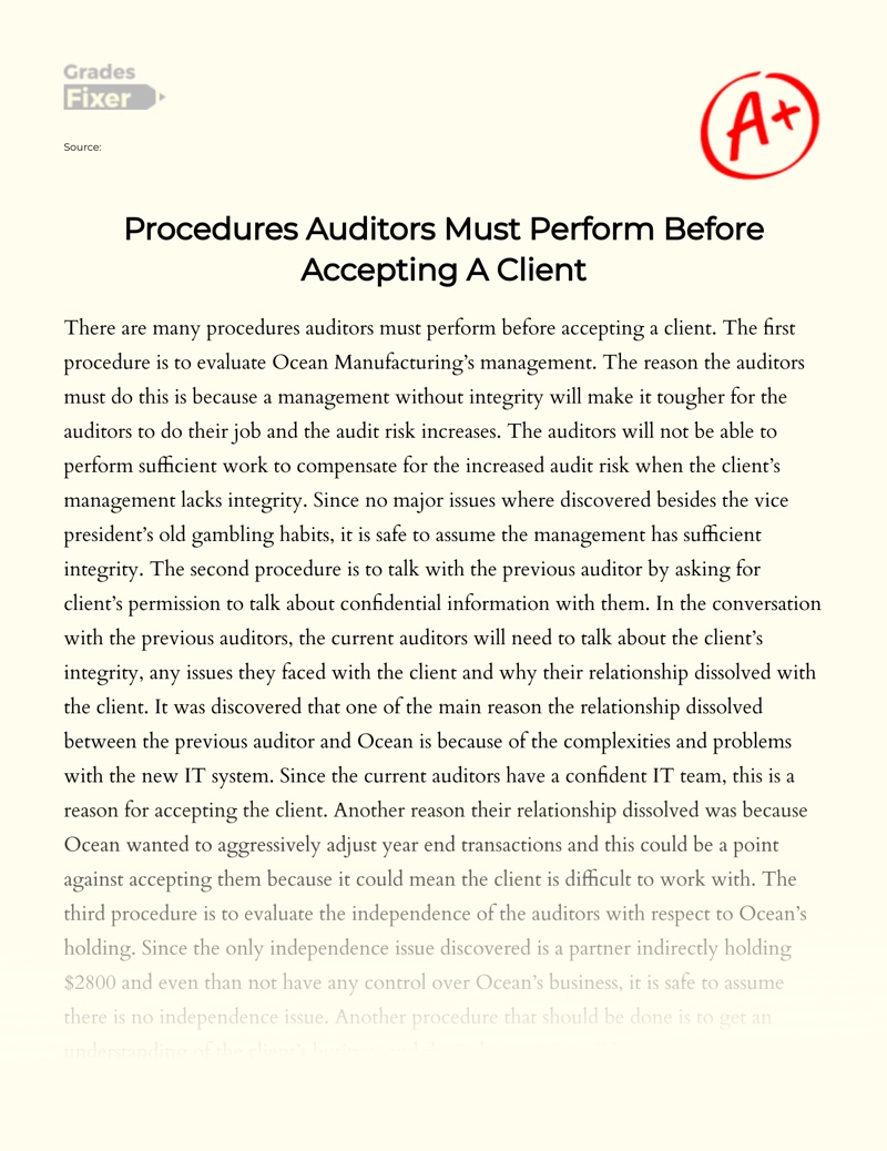 Procedures Auditors Must Perform before Accepting a Client Essay