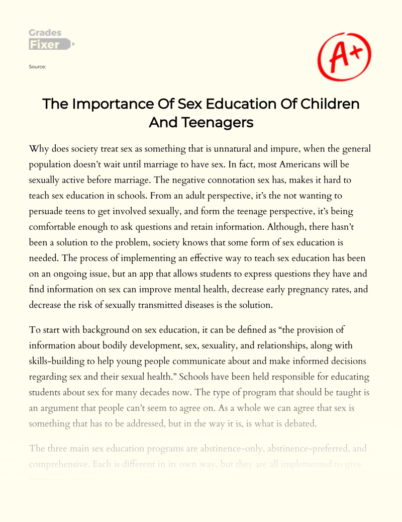 The Importance of Sex Education of Children and Teenagers essay