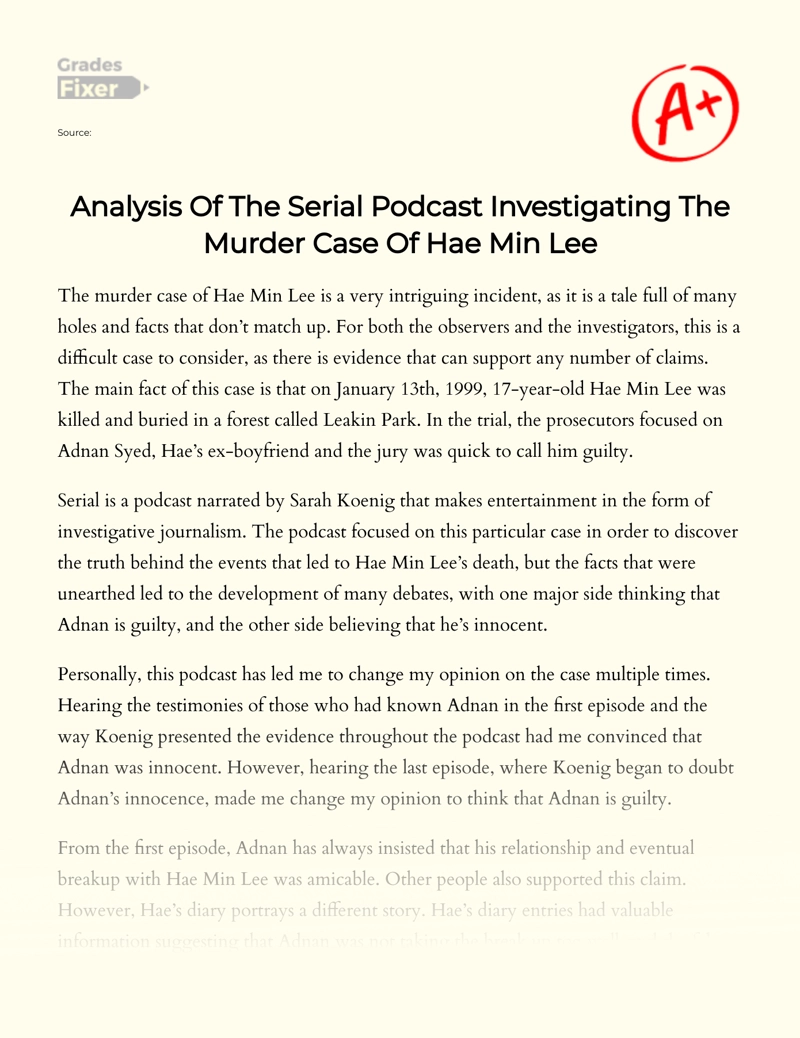 Analysis of The Serial Podcast Investigating The Murder Case of Hae Min Lee essay