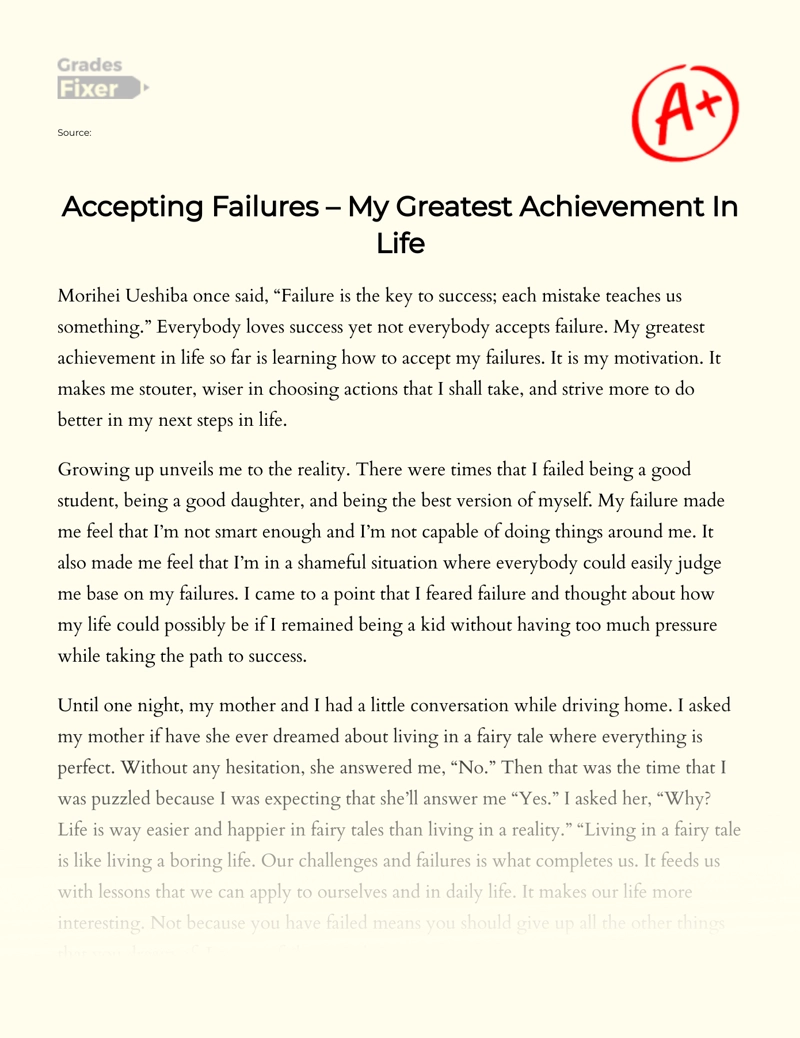Accepting Failures – My Greatest Achievement in Life Essay