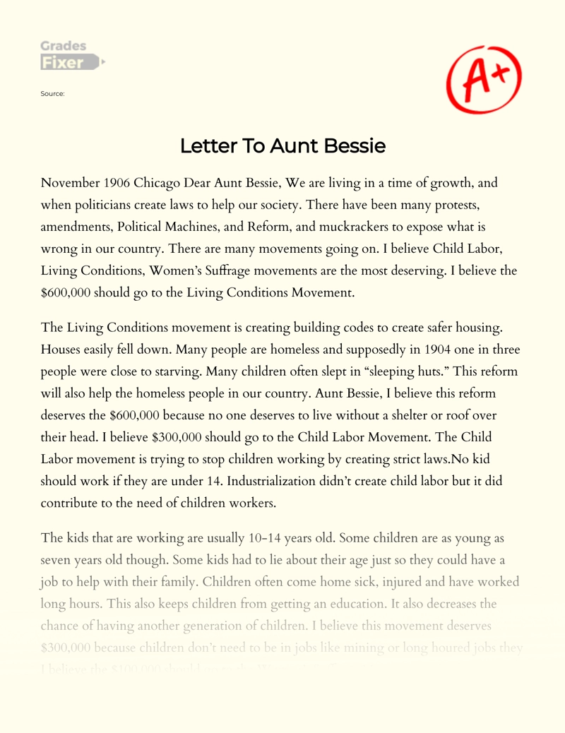 Letter to Aunt Bessie Essay