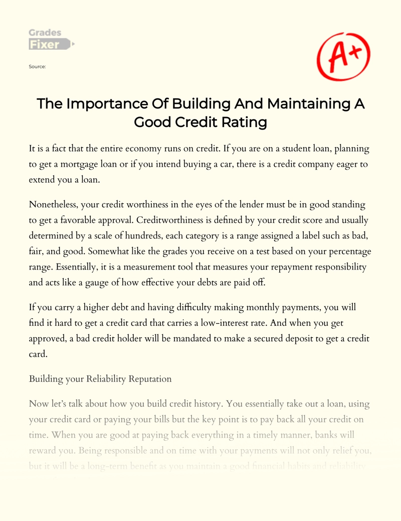 The Importance of Building and Maintaining a Good Credit Rating Essay