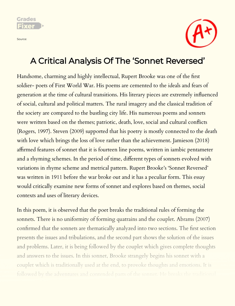 A Critical Analysis of The ‘sonnet Reversed’ Essay
