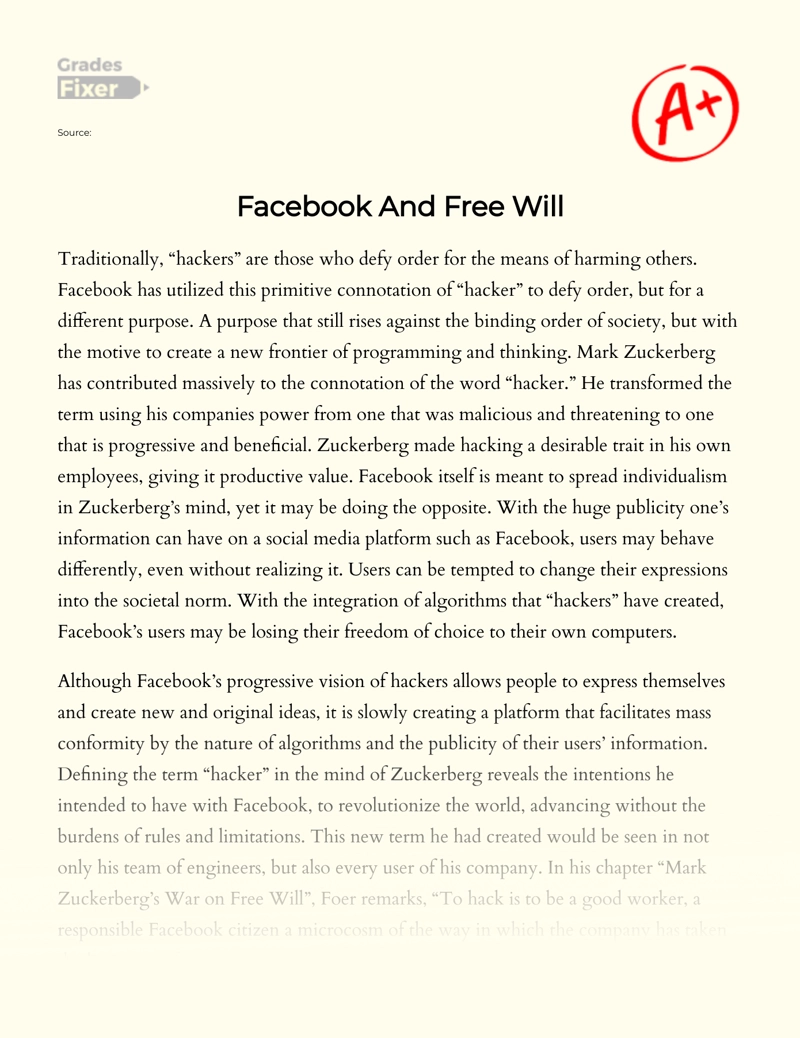 Facebook's War on Free Will Essay
