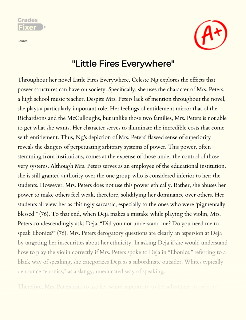 The Novel "Little Fires Everywhere" Essay essay
