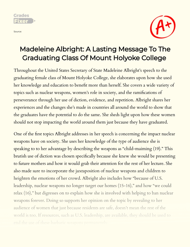 Madeleine Albright: a Lasting Message to The Graduating Class of Mount Holyoke College  Essay