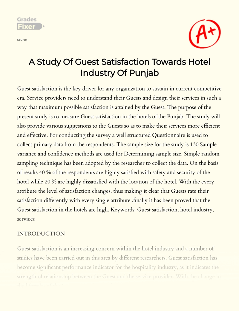 A Study of Guest Satisfaction Towards Hotel Industry of Punjab Essay