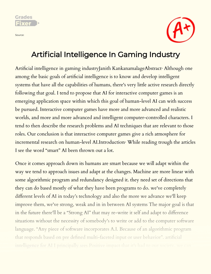 Artificial Intelligence in Gaming Industry essay
