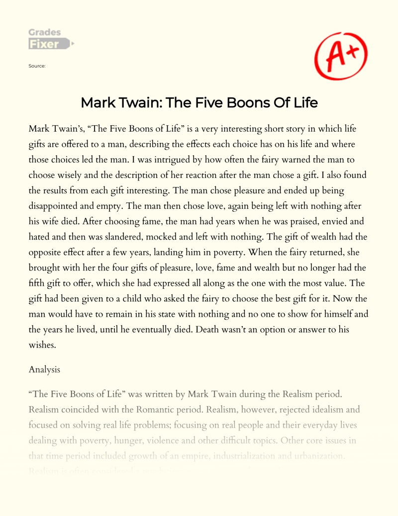 Mark Twain: The Five Boons of Life Essay