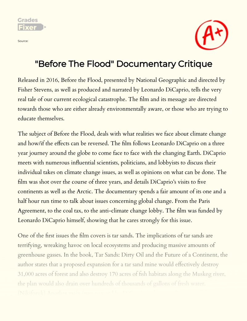 The Film "Before The Flood": Documentary Essay essay