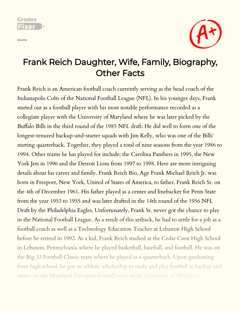Frank Reich: Family, Biography, and Other Facts Essay
