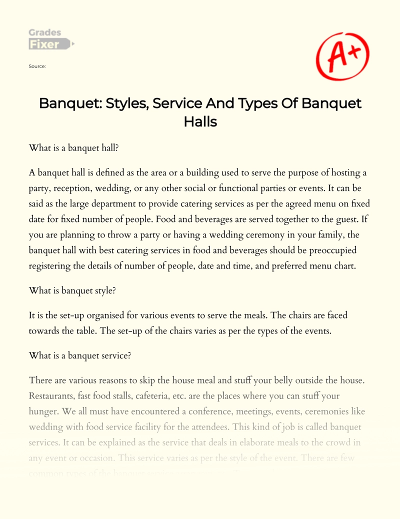 Banquet: Styles, Service and Types of Banquet Halls Essay