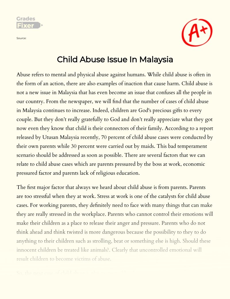 Child Abuse Issue in Malaysia  Essay