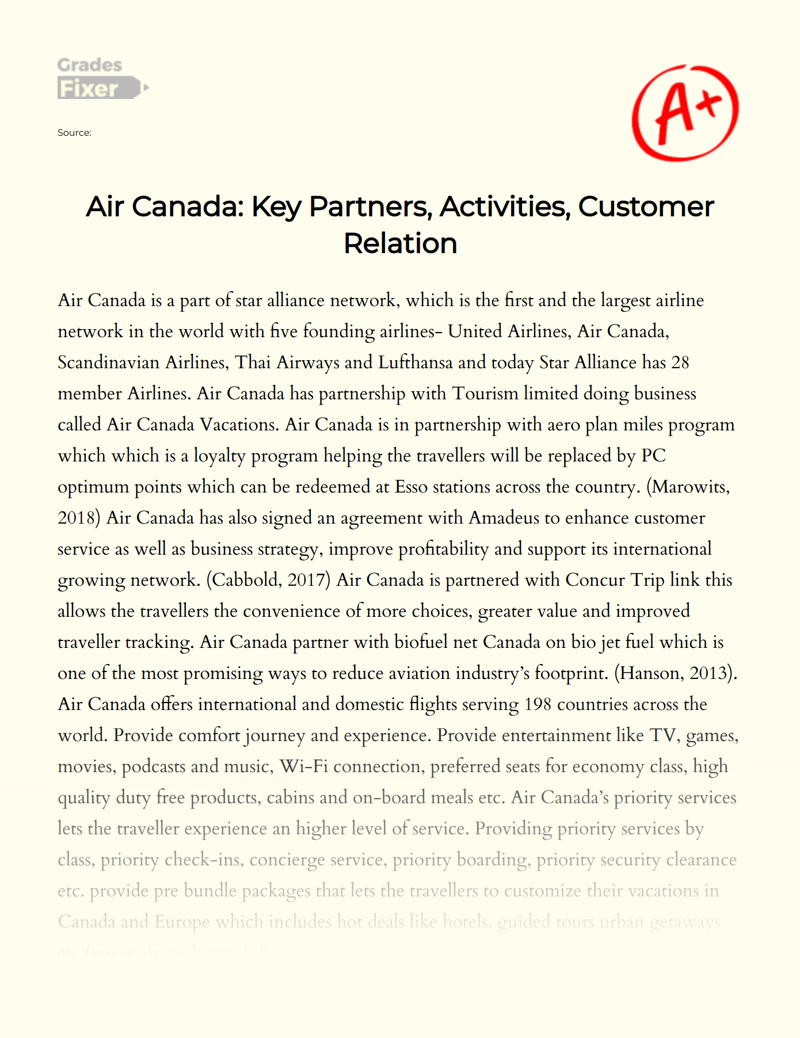 Air Canada: Key Partners, Activities, Customer Relation Essay