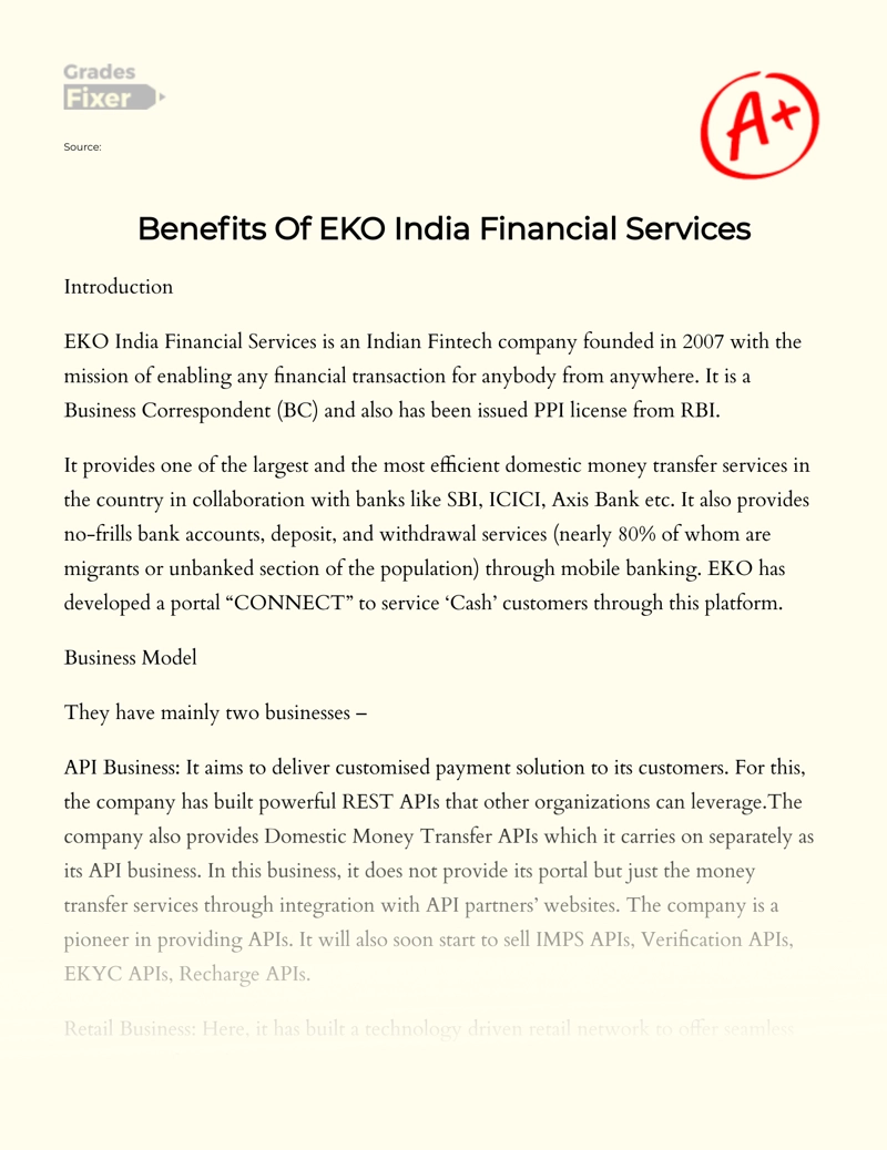Benefits of Eko India Financial Services Essay