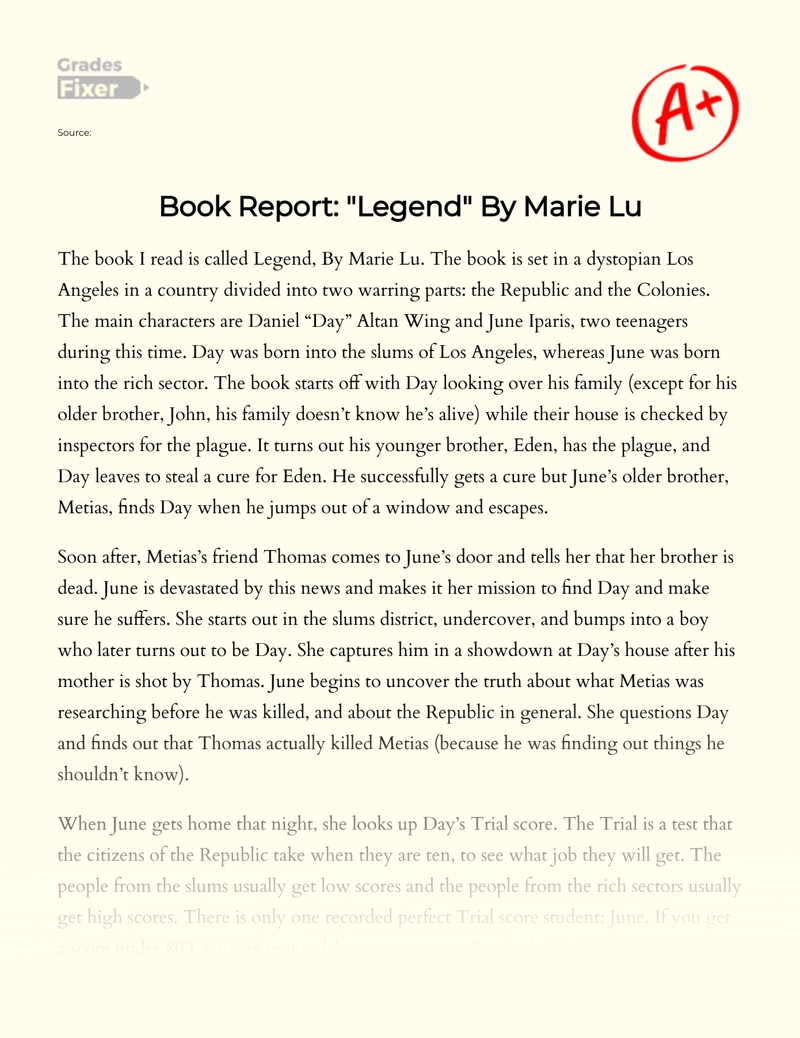 Book Report: "Legend" by Marie Lu essay