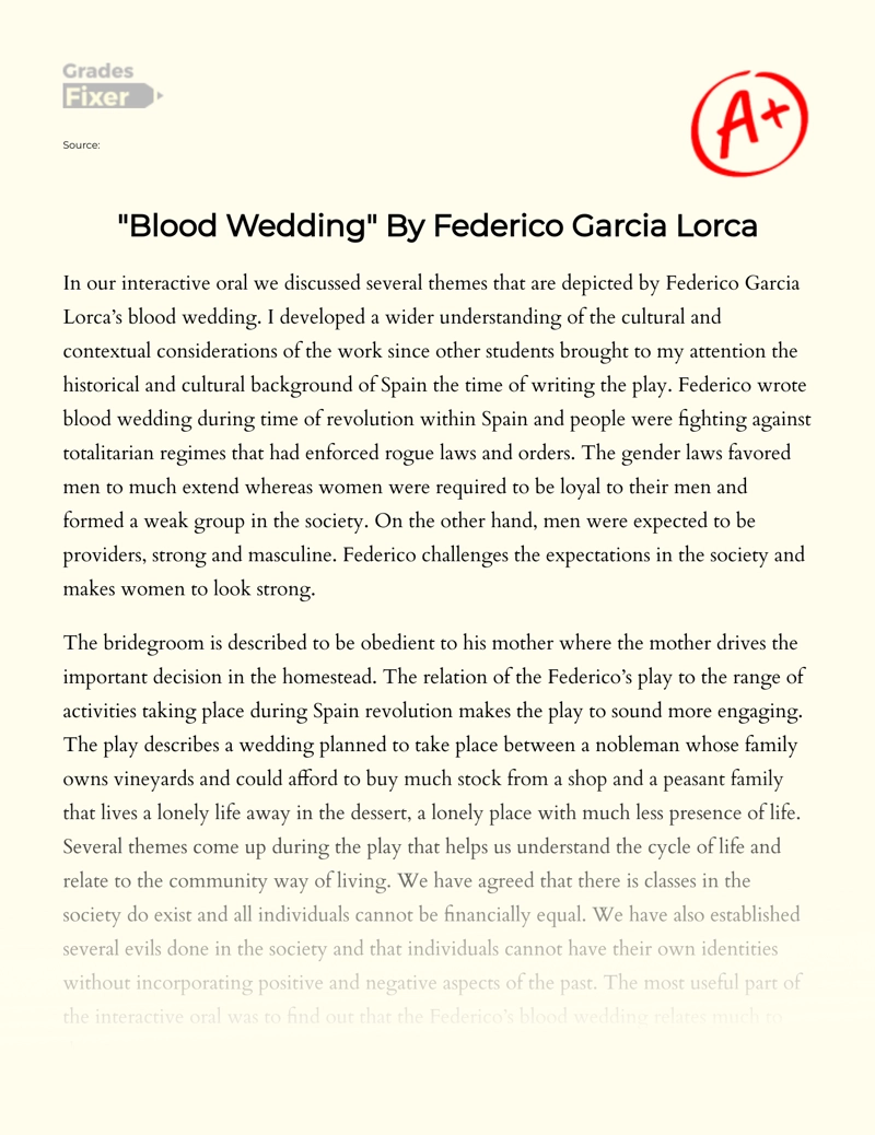 "Blood Wedding" by Federico Garcia Lorca  Essay