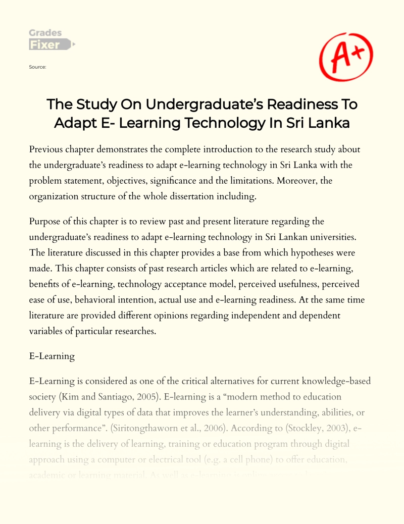 The Study on Undergraduate’s Readiness to Adapt E- Learning Technology in Sri Lanka Essay