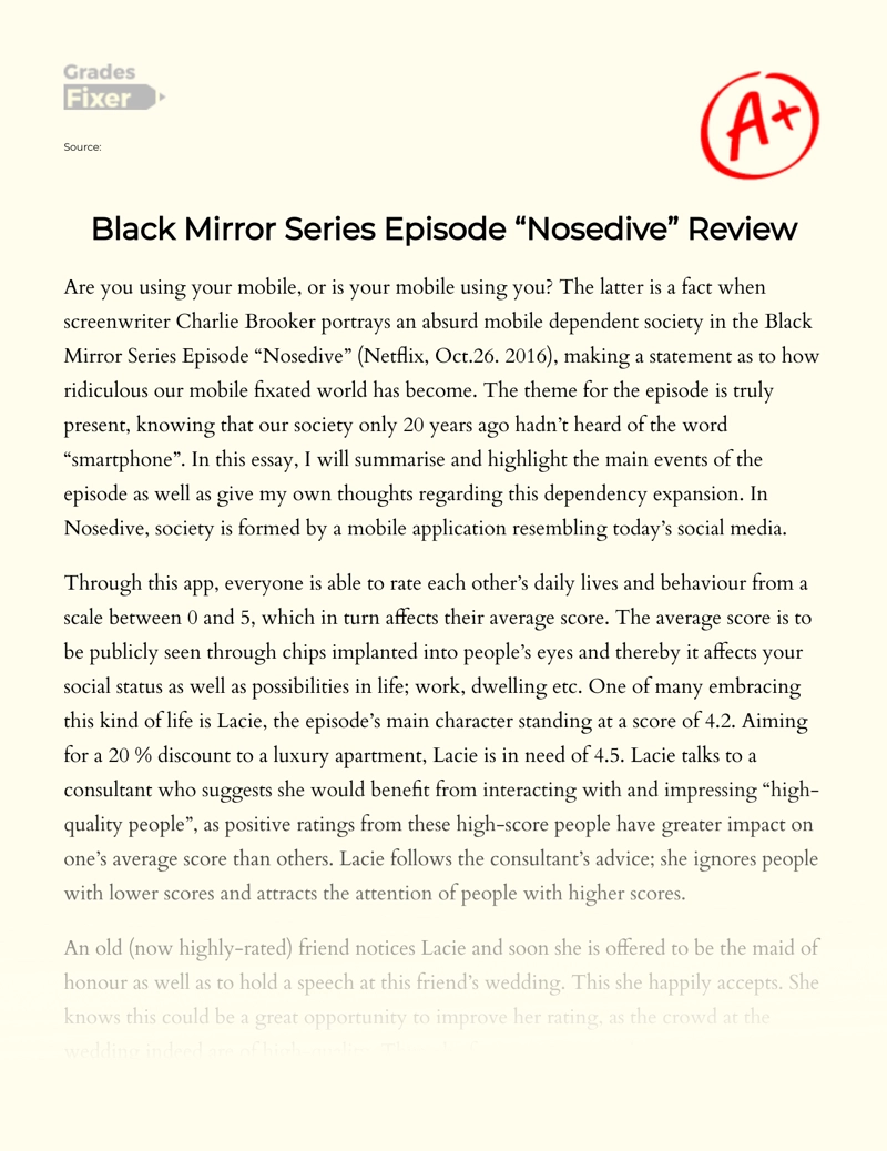 Black Mirror Series Episode "Nosedive" Review Essay