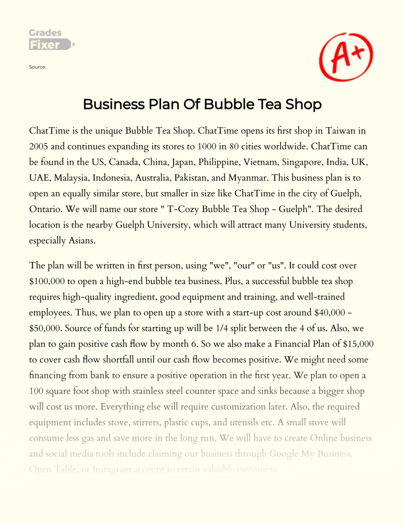 Business Plan of Bubble Tea Shop Essay