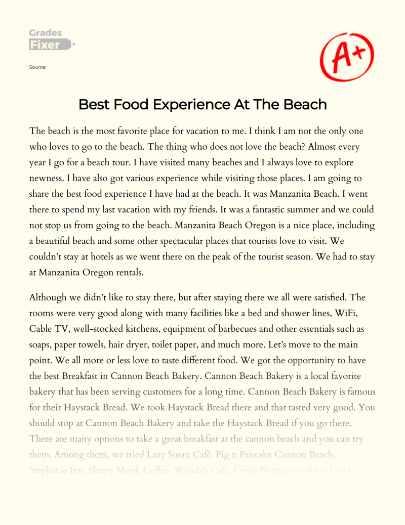 Best Food Experience at The Beach Essay