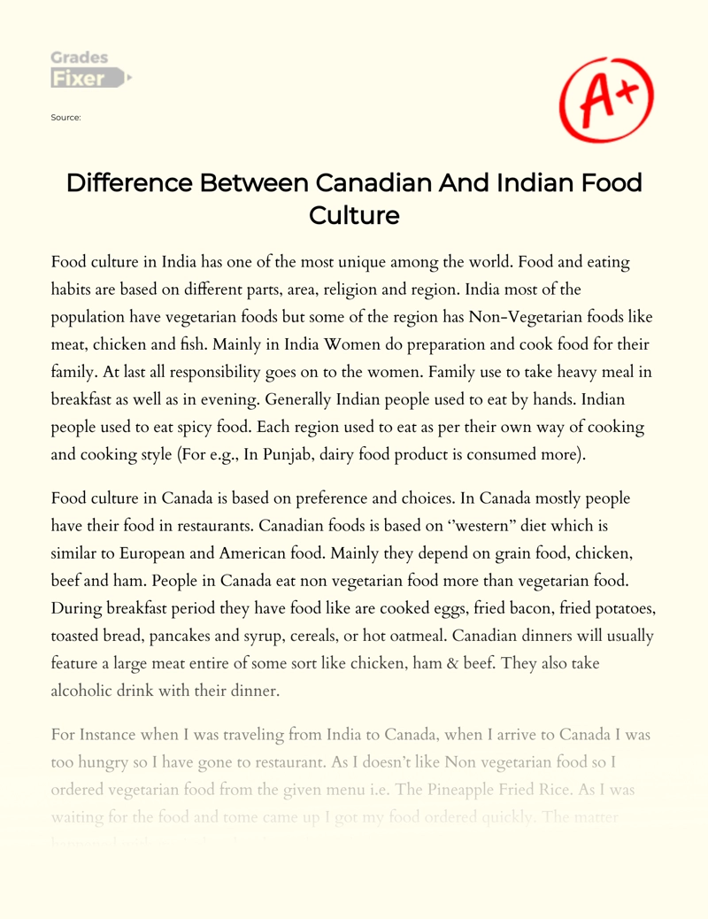 Difference Between Canadian and Indian Food Culture Essay