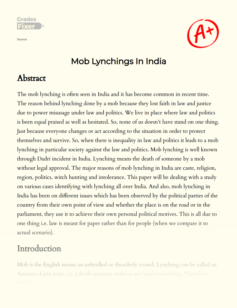 Mob Lynching in India: Politics, Law and Solution Essay