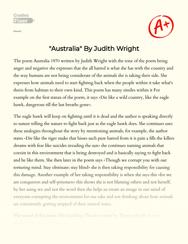 Judith Wright's "Australia 1970": Poem Analysis Essay