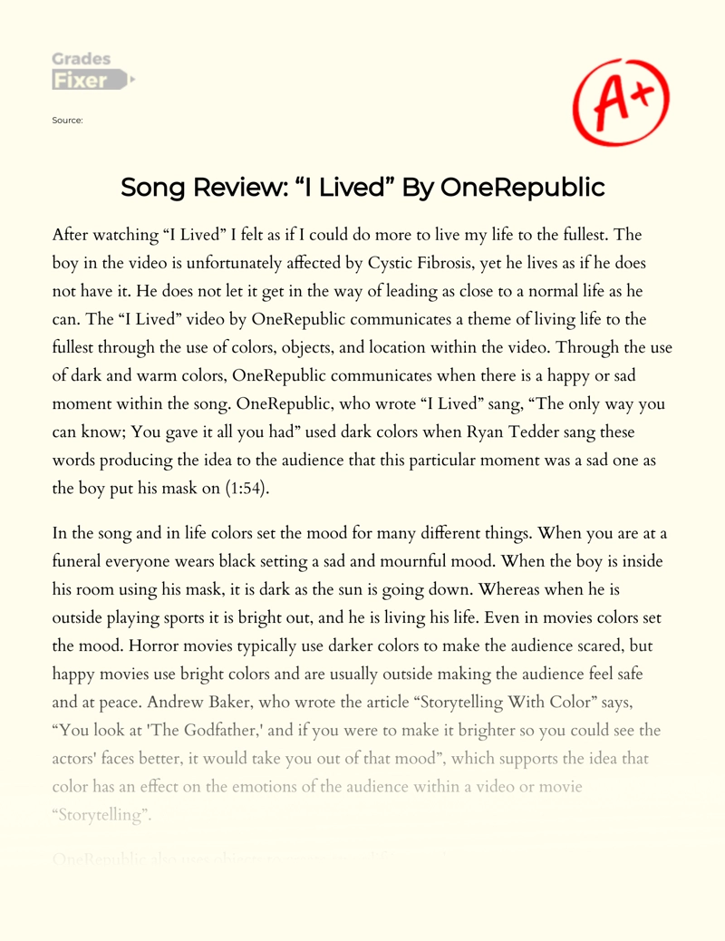 Song Review: "I Lived" by Onerepublic essay