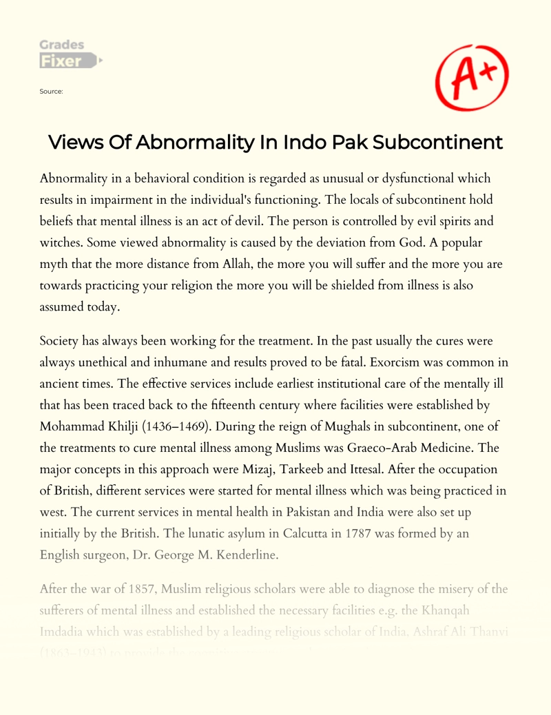 Views of Abnormality in Indo Pak Subcontinent Essay